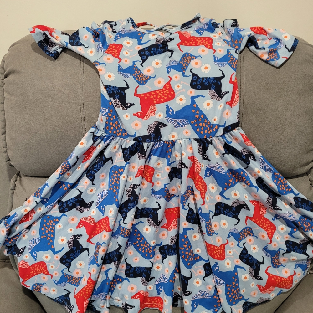 Dot Dot Smile Kids Dress with Blue and Red Horse Print